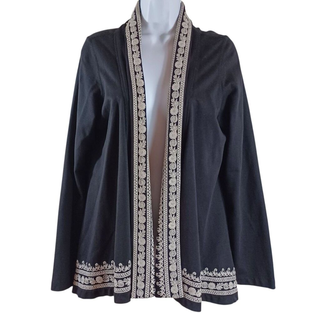 Lucky Brand M Black Embroidered Boho Cardigan Jacket Open Knit India Cotton - Picture 2 of 10